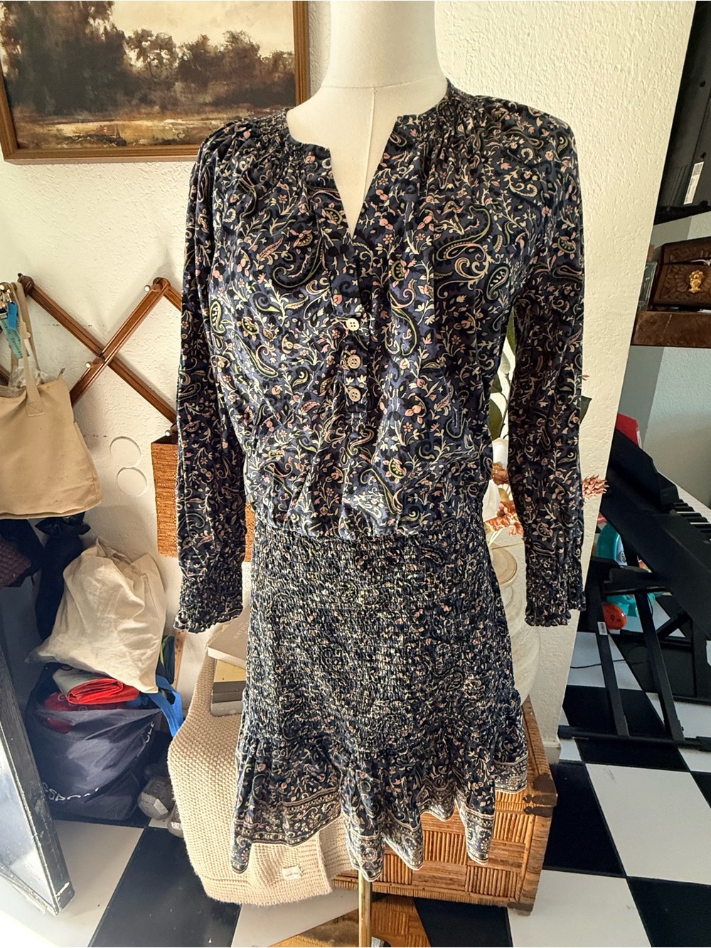 Veronica Beard Navy Paisley Long-Sleeve Shirred Waist Dress
